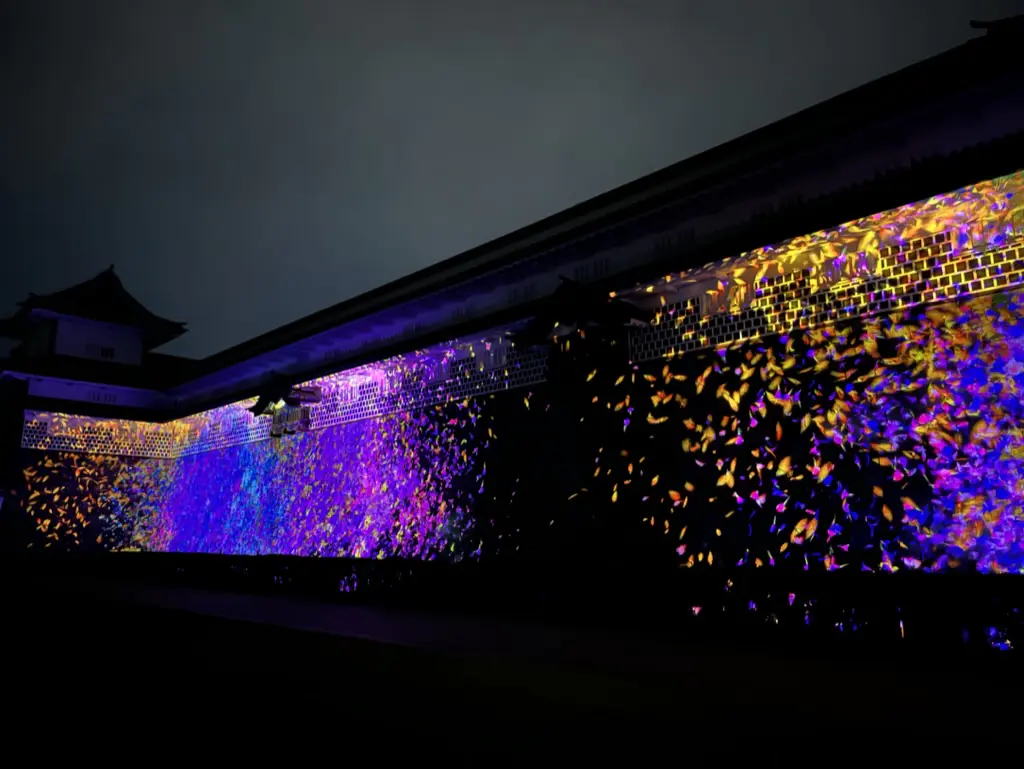 colorful teamLab arts on the castle wall with flower peddles